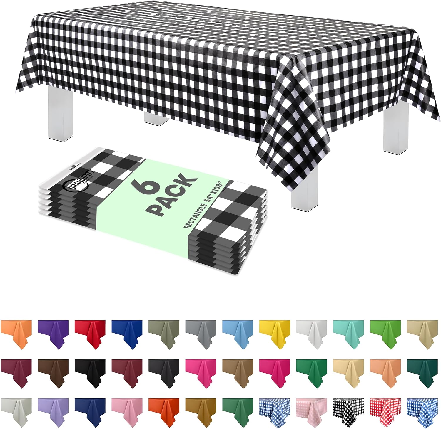 Grandipity Black Gingham Checkered Tablecloth 6 Pk 54in x 108in