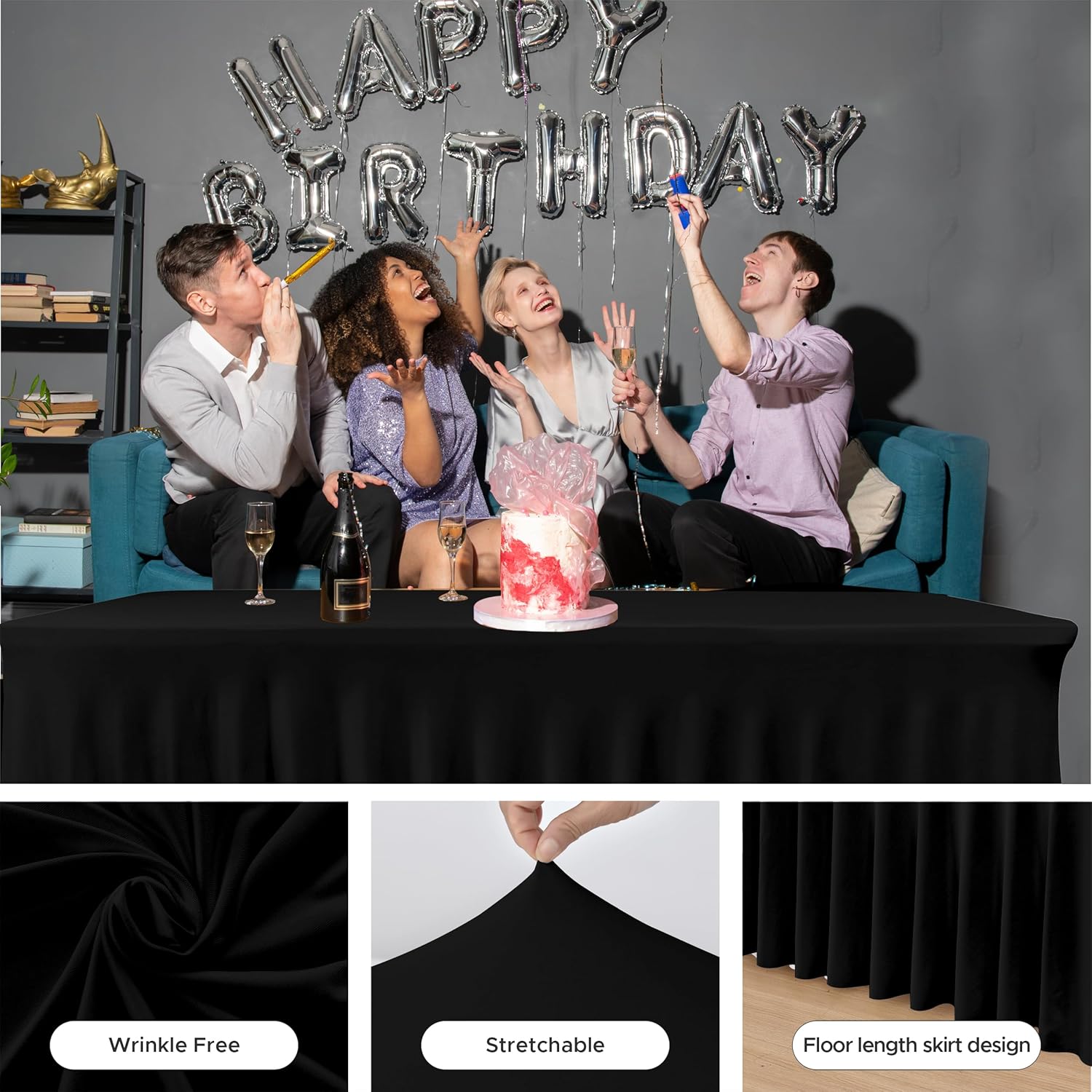 HolidayIdeas Black Spandex Table Skirts for Rectangle Tables 6ft 2 Pack