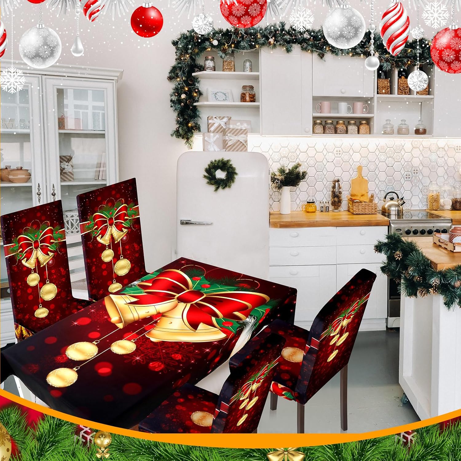 Moukeren 5pcs Christmas Tablecloth and Chair Covers Set