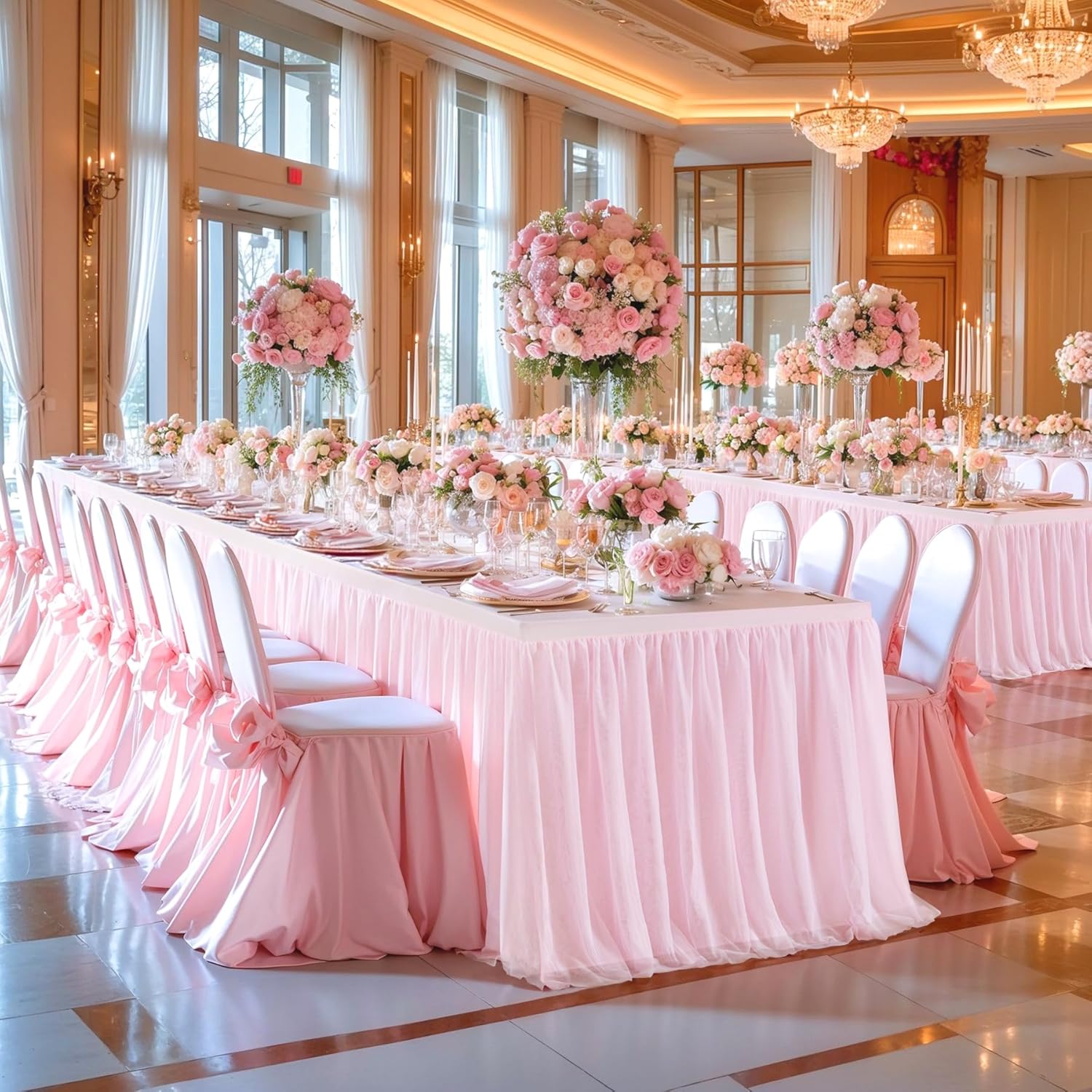 1 Pack Pink Table Cloth for Rectangle Tables 6FT Tulle Table Skirt Stretch Fitted Table Cover