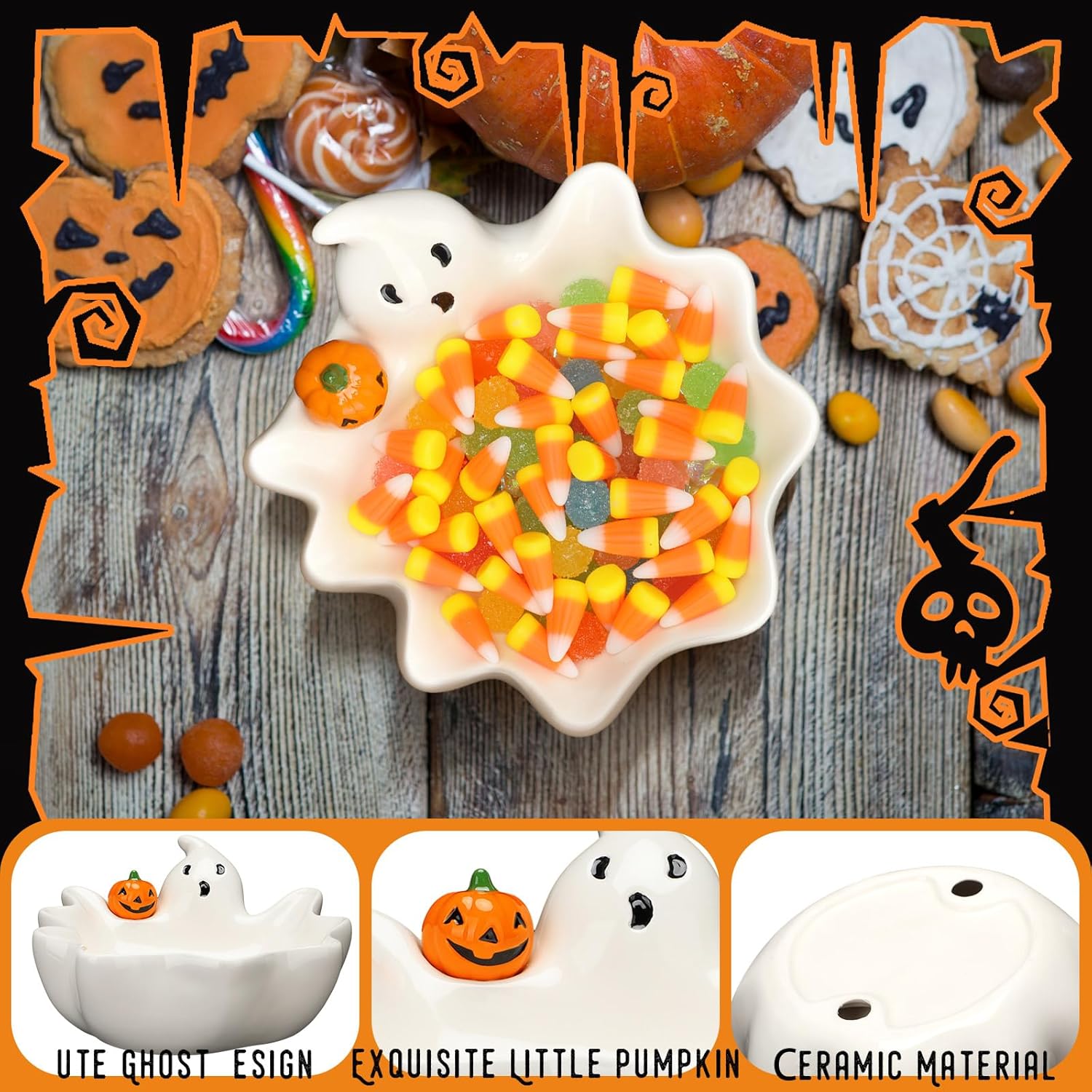 Vesici 7 Inch Halloween Candy Dish Holder Ceramic Ghost Bowl