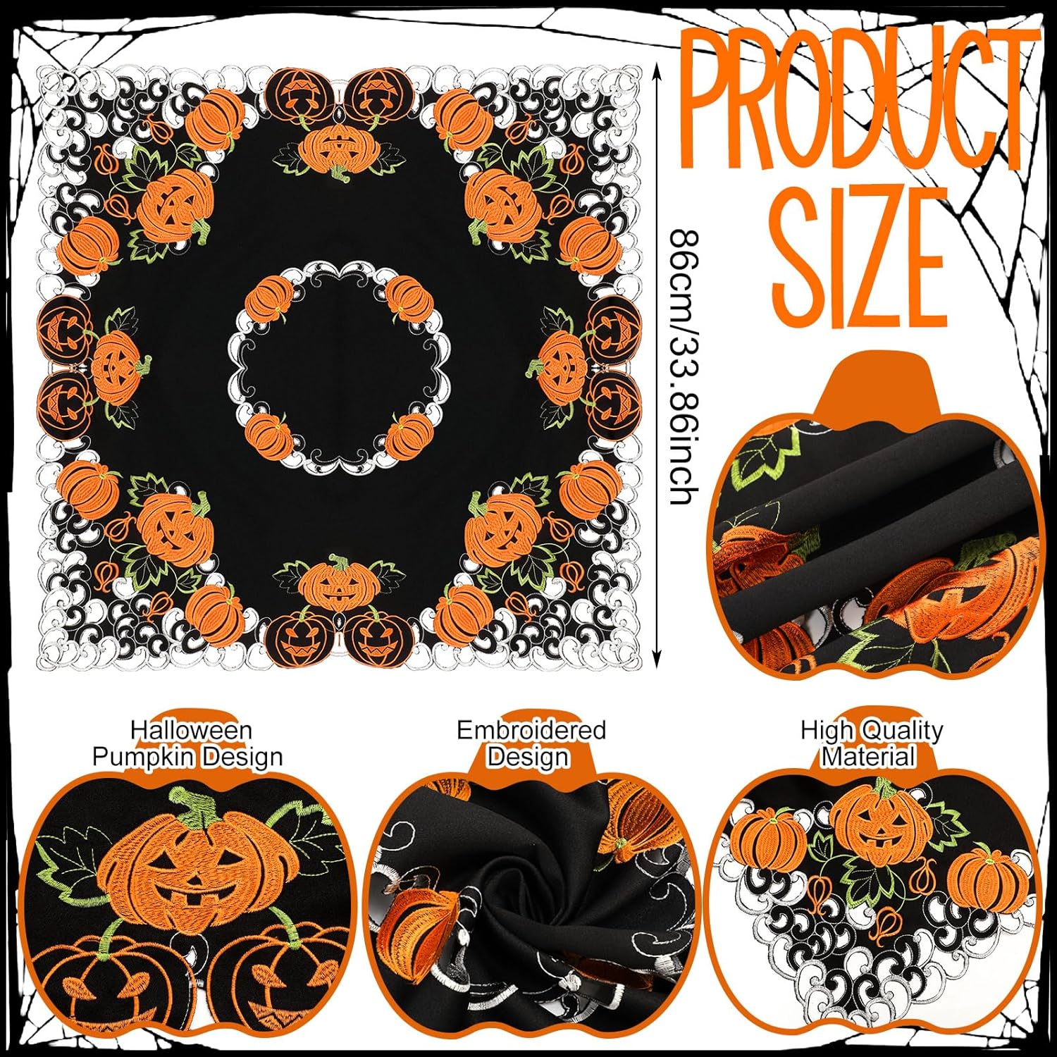 Halloween Square Tablecloth 34 Inch Black Orange Pumpkin Design