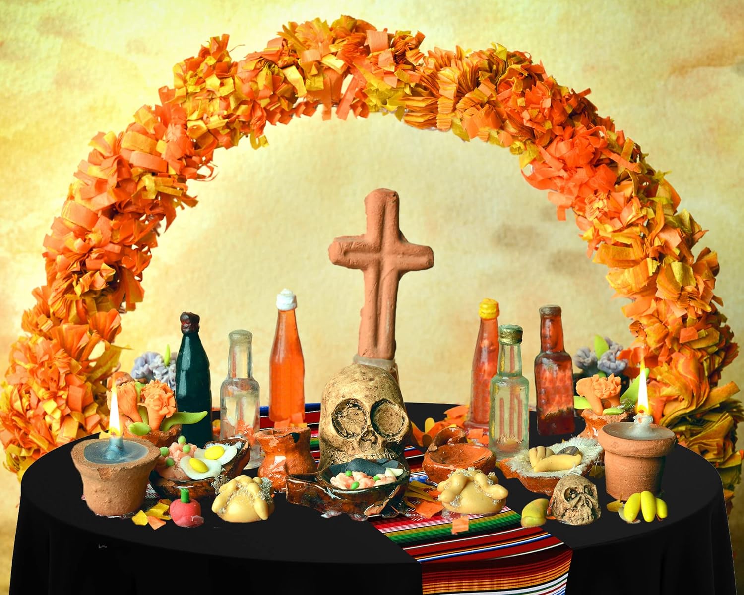 Oudain 6 Pcs Mexican Fiesta Tablecloth 84 Inch Striped Plastic Round Tablecover for Wedding and Party Decorations Black