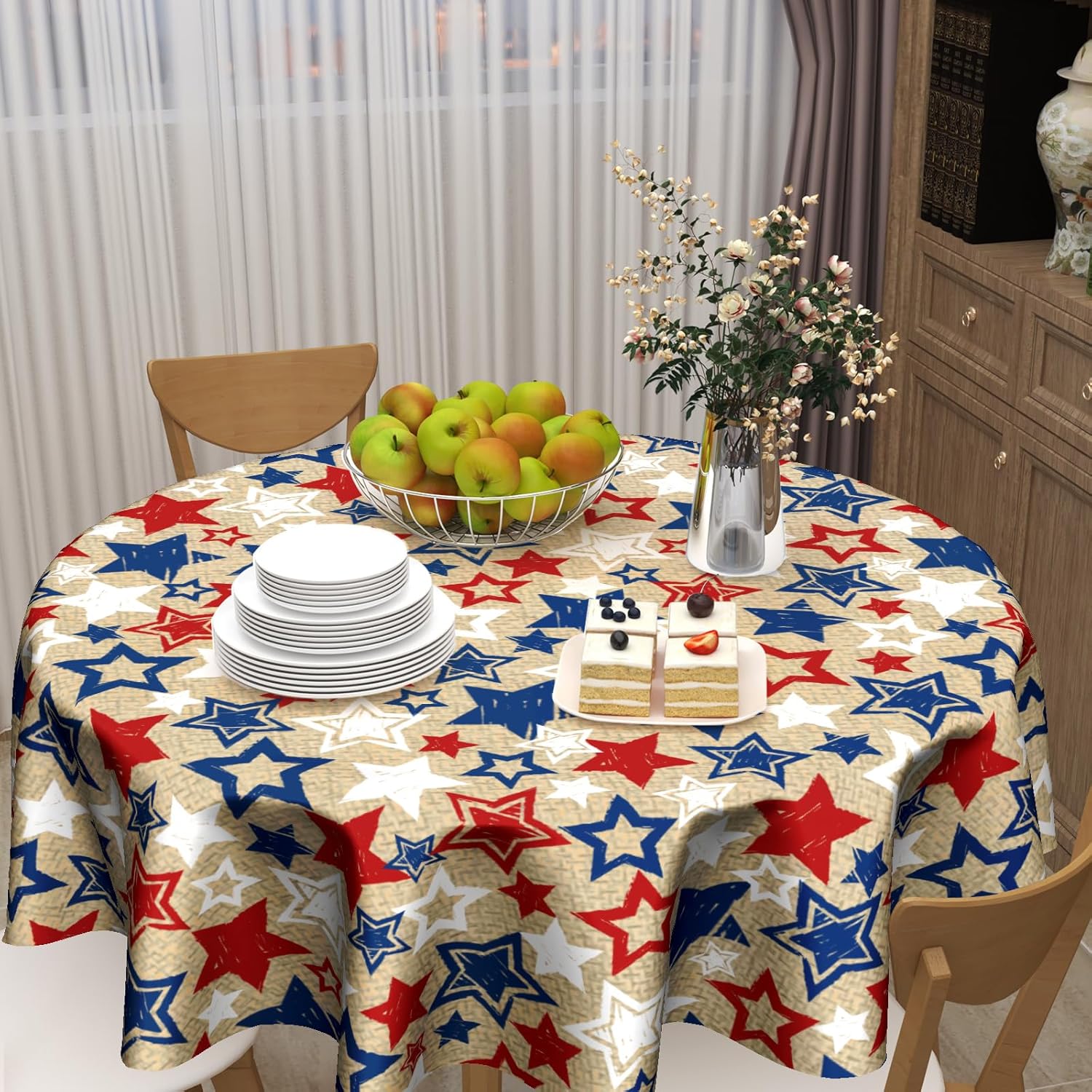 American Blue and Red Star Round Tablecloth 60 Inch Patriotic Table Cover for 4th of July Celebrations