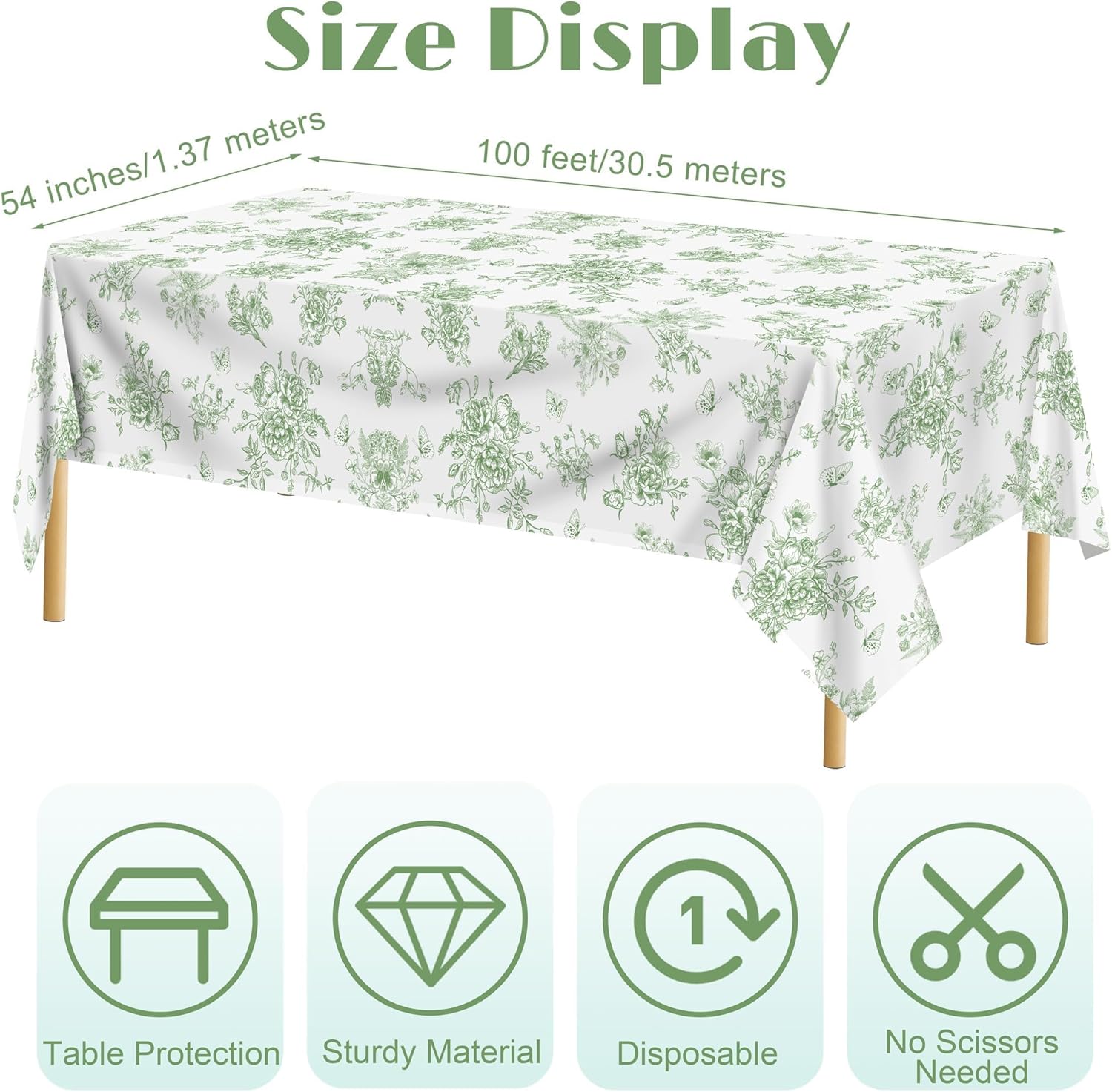 100 Ft Floral Plastic Tablecloth Roll with Cutter Box for Wedding Decor