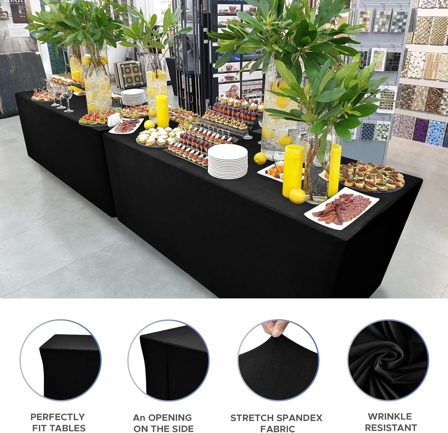 Nasitos Spandex Table Covers 6 Foot - 2 Pack Black Stretch Tablecloths