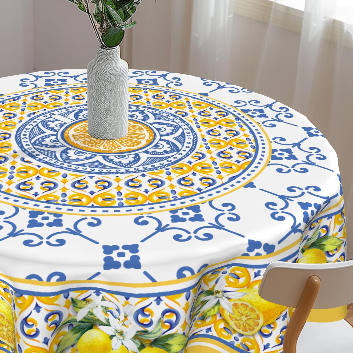 Imiss Lemon Yellow 60 Inch Round Tablecloth Boho Floral Design