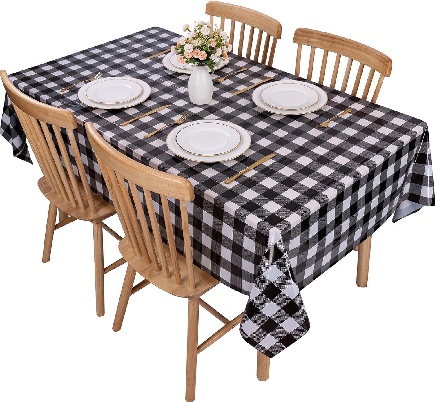 Kesfey 3 Pack Black Gingham Tablecloths 54 x 108 Inch Checkered Waterproof Disposable
