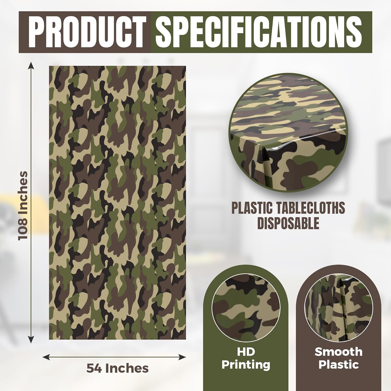 5 Pack Premium Camo Plastic Tablecloth - 108 x 54 in