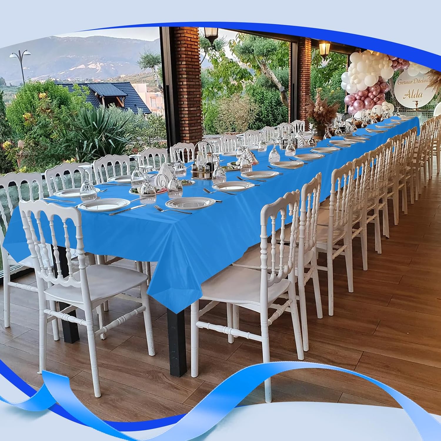 Goodluck 54 Inch X 300 Feet Plastic Tablecloth with Cutter Box Blue Disposable Table Cover Roll