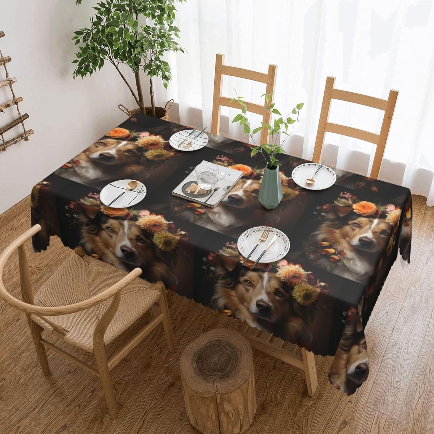 Dog Girl With Flowers Anti-Grease Tablecloth