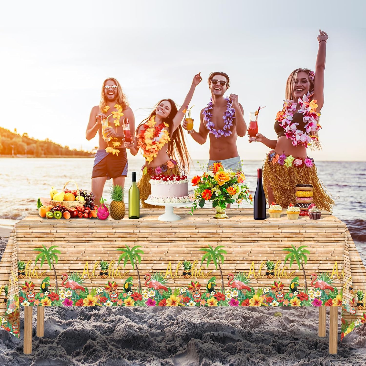 3Pcs Hawaiian Luau Tablecloth Tiki Party Decorations 108x54 Inch