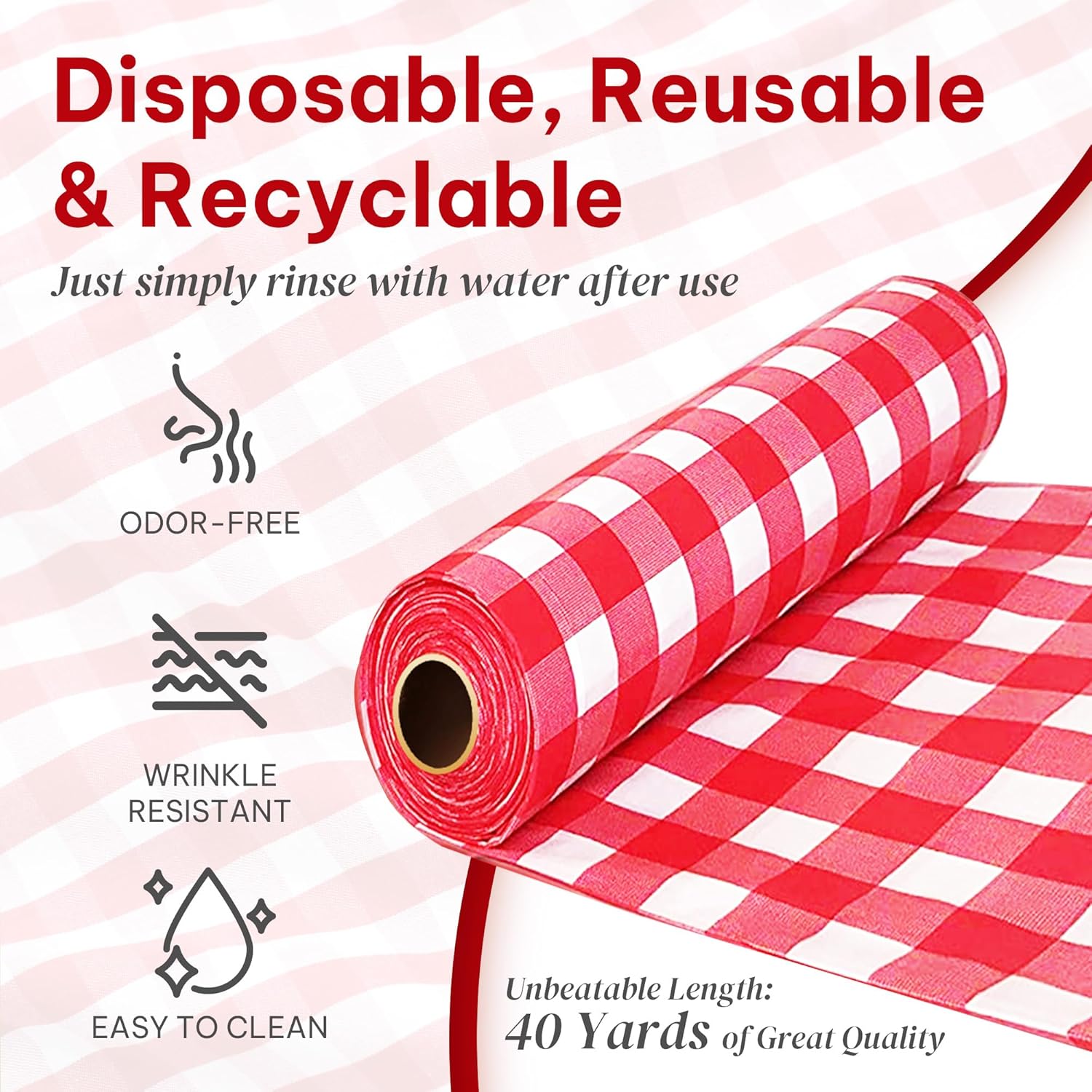 Amatra All-Purpose Plastic Table Cover Roll with Self-Cutter Red Checkered 54inch x 120ft