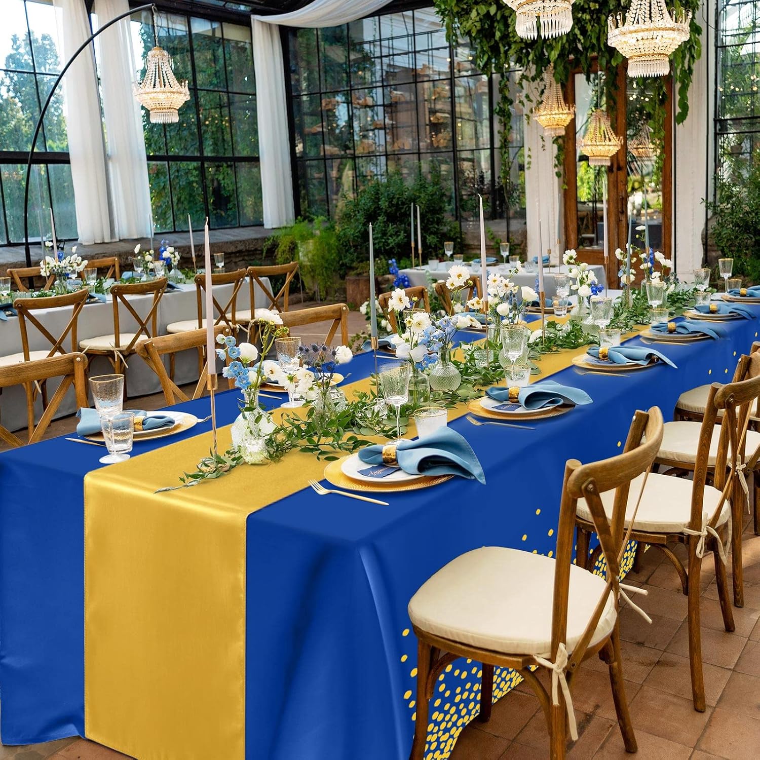 Breling 8 Pack Navy Blue Gold Tablecloths and Satin Runner Set