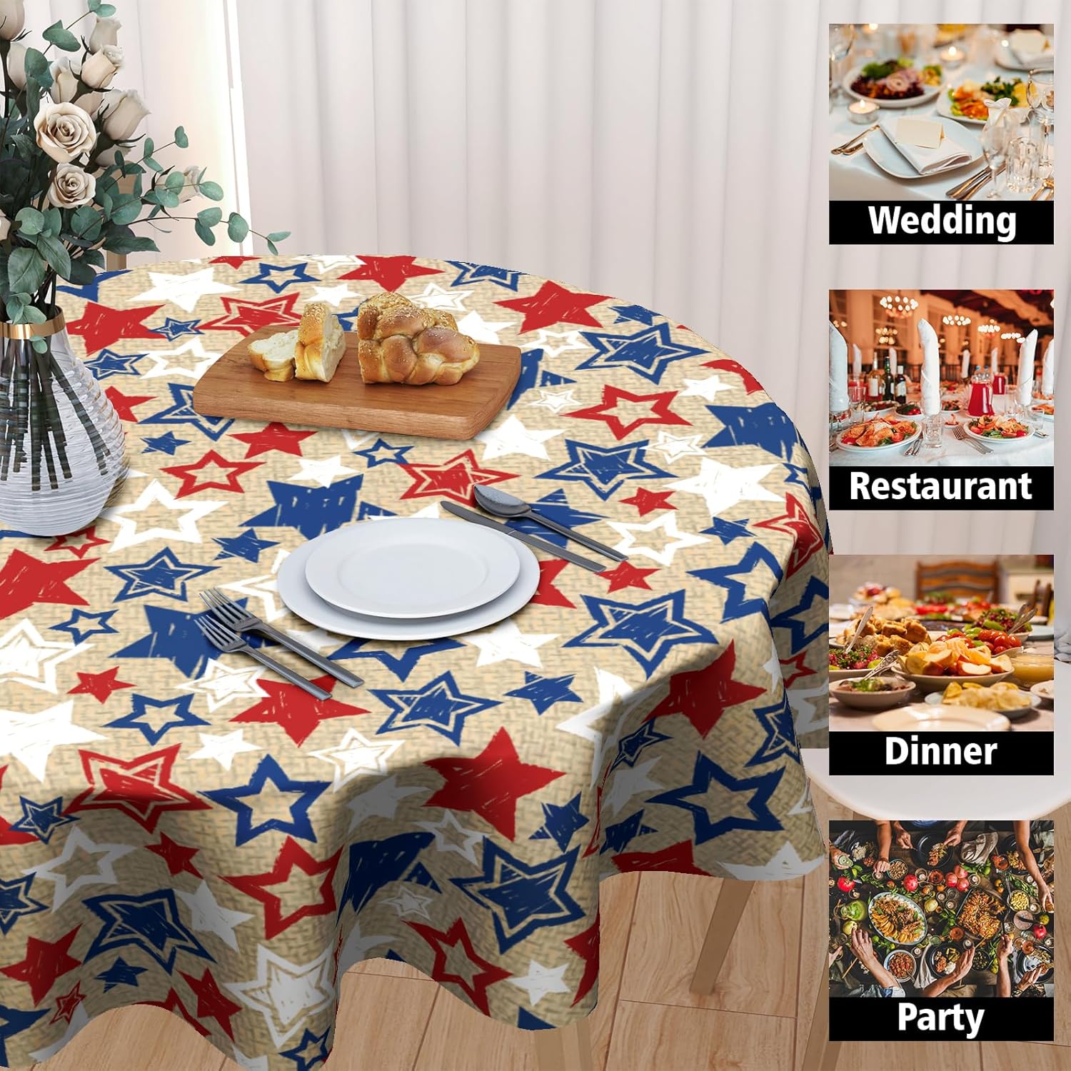American Blue and Red Star Round Tablecloth 60 Inch Patriotic Table Cover for 4th of July Celebrations