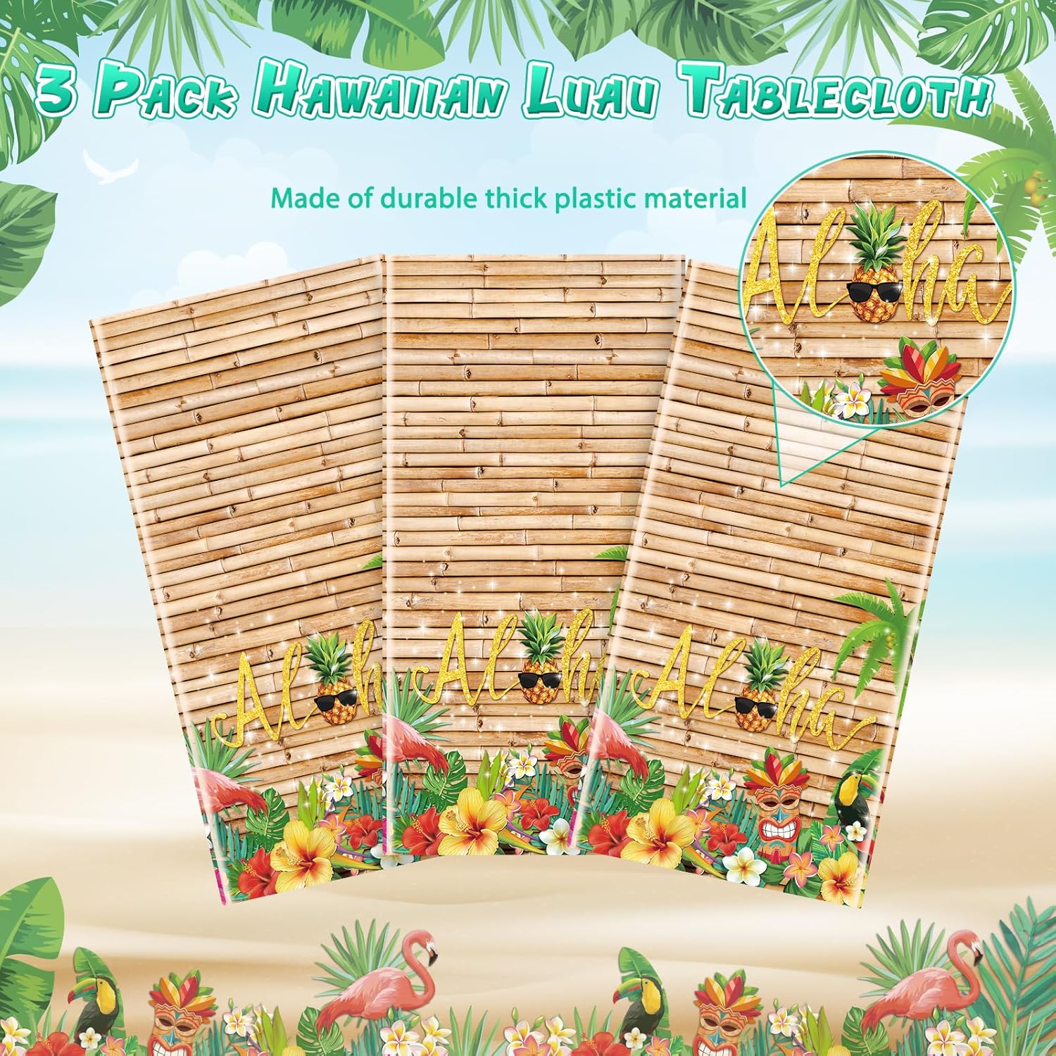3Pcs Hawaiian Luau Tablecloth Tiki Party Decorations 108x54 Inch
