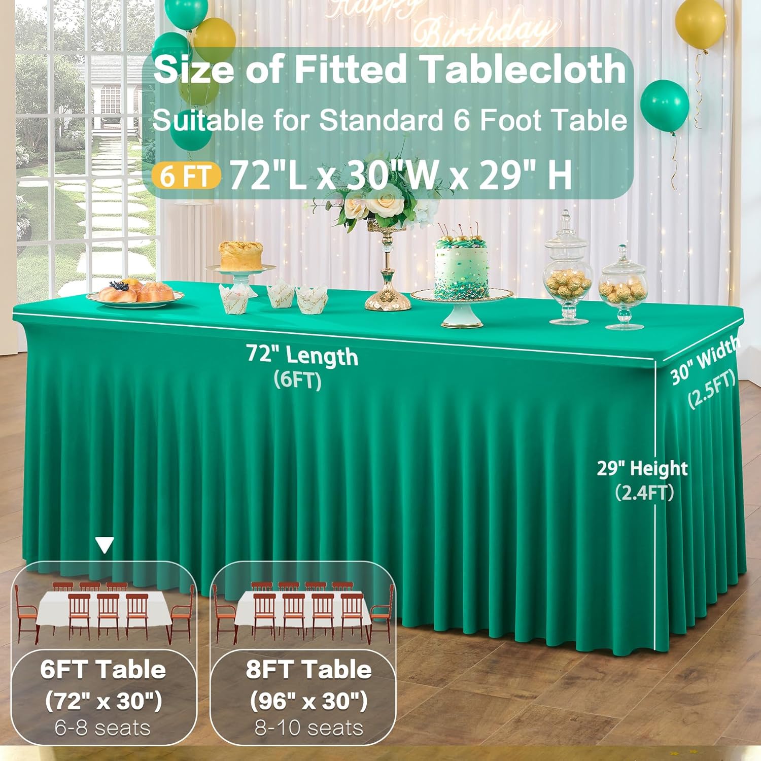 4 Pack Emerald Green Spandex Tablecloths for 6 Foot Tables