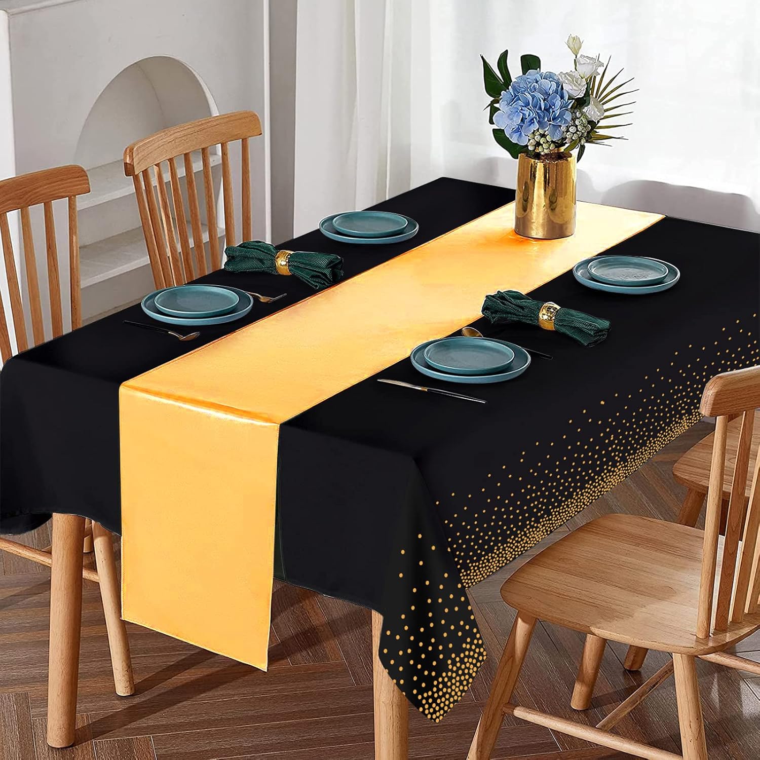 24Pack Black Gold Dot Tablecloths and Satin Table Runner Set