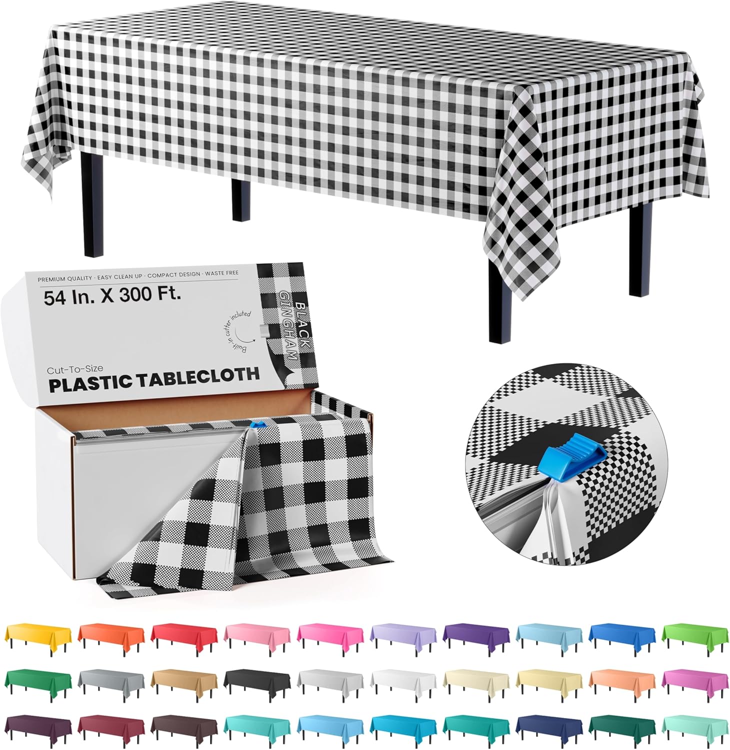 Exquisite Party Solids Black Gingham Table Cover Roll 54x300 Cut to Size with Slide Cutter