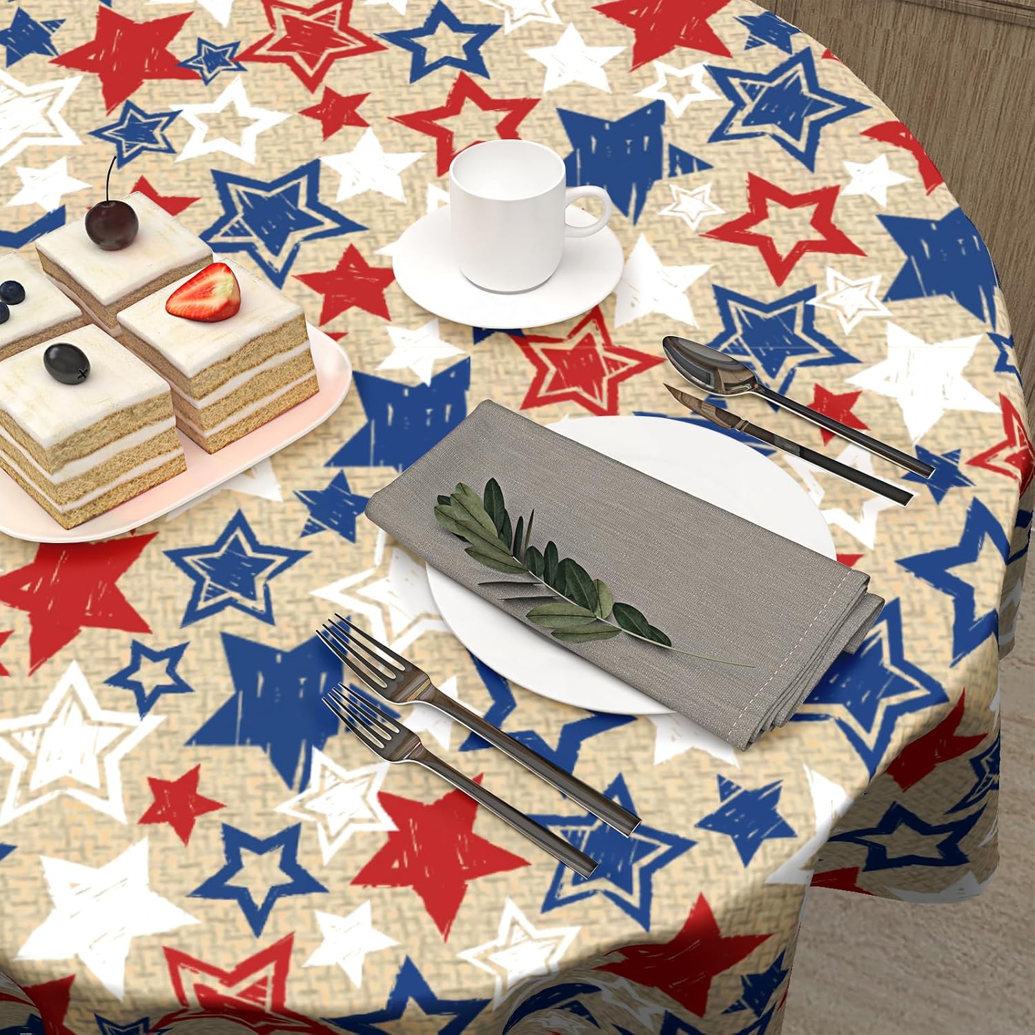 American Blue and Red Star Round Tablecloth 60 Inch Patriotic Table Cover for 4th of July Celebrations