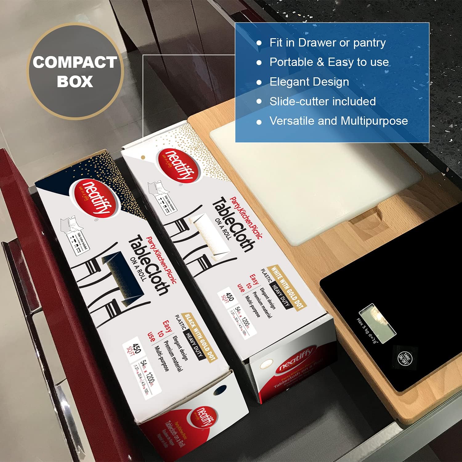 Neatiffy 54 in x 100 Ft Tablecloth Roll with Slide Cutter - Waterproof Cover for Tables