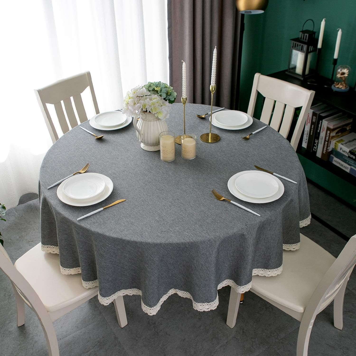 EHouseHome Faux Linen Tablecloth with Lace Trim - 70 Inch Grey Waterproof Spill Proof