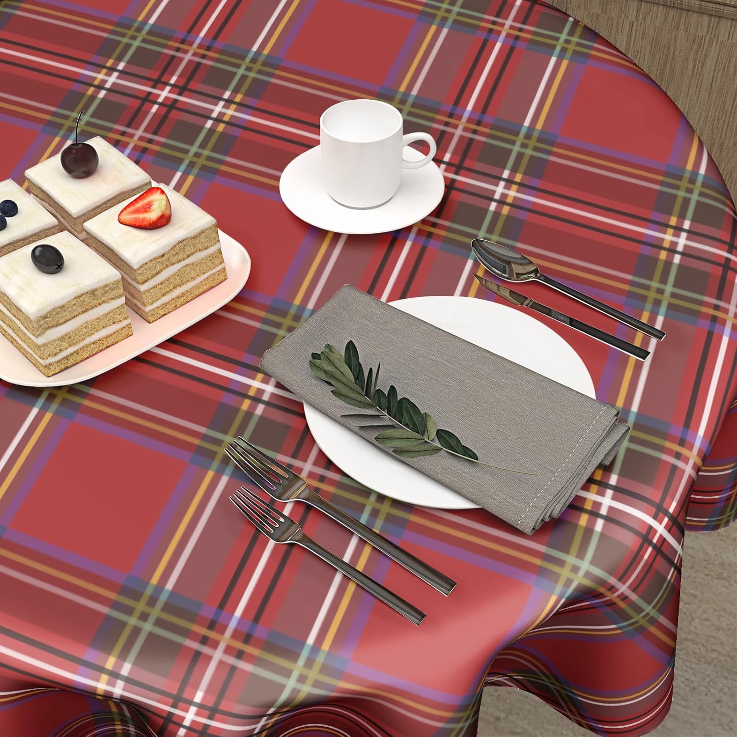 60 Inch Red Christmas Round Tablecloth with Buffalo Plaid Design
