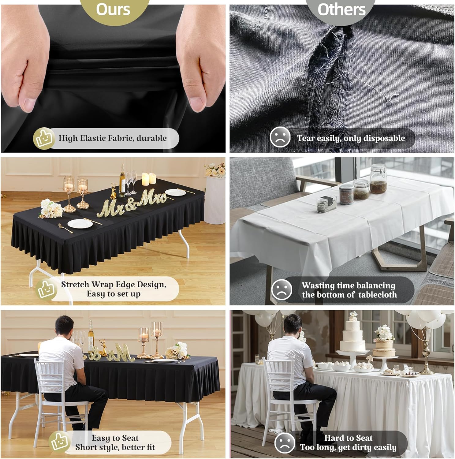 1 Pack Black Spandex Tablecloth for 6 Foot Rectangle Table with Pleated Skirt