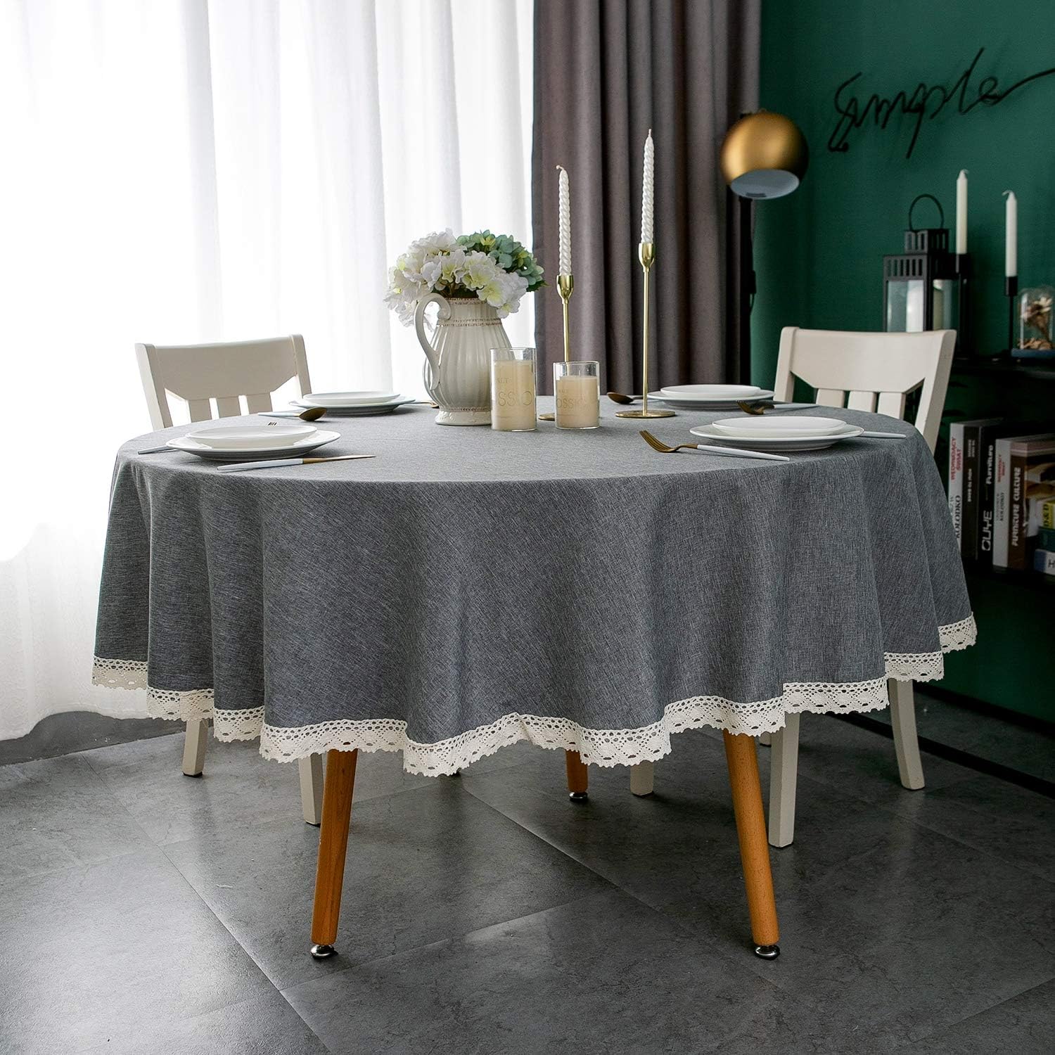 EHouseHome Faux Linen Tablecloth with Lace Trim - 70 Inch Grey Waterproof Spill Proof