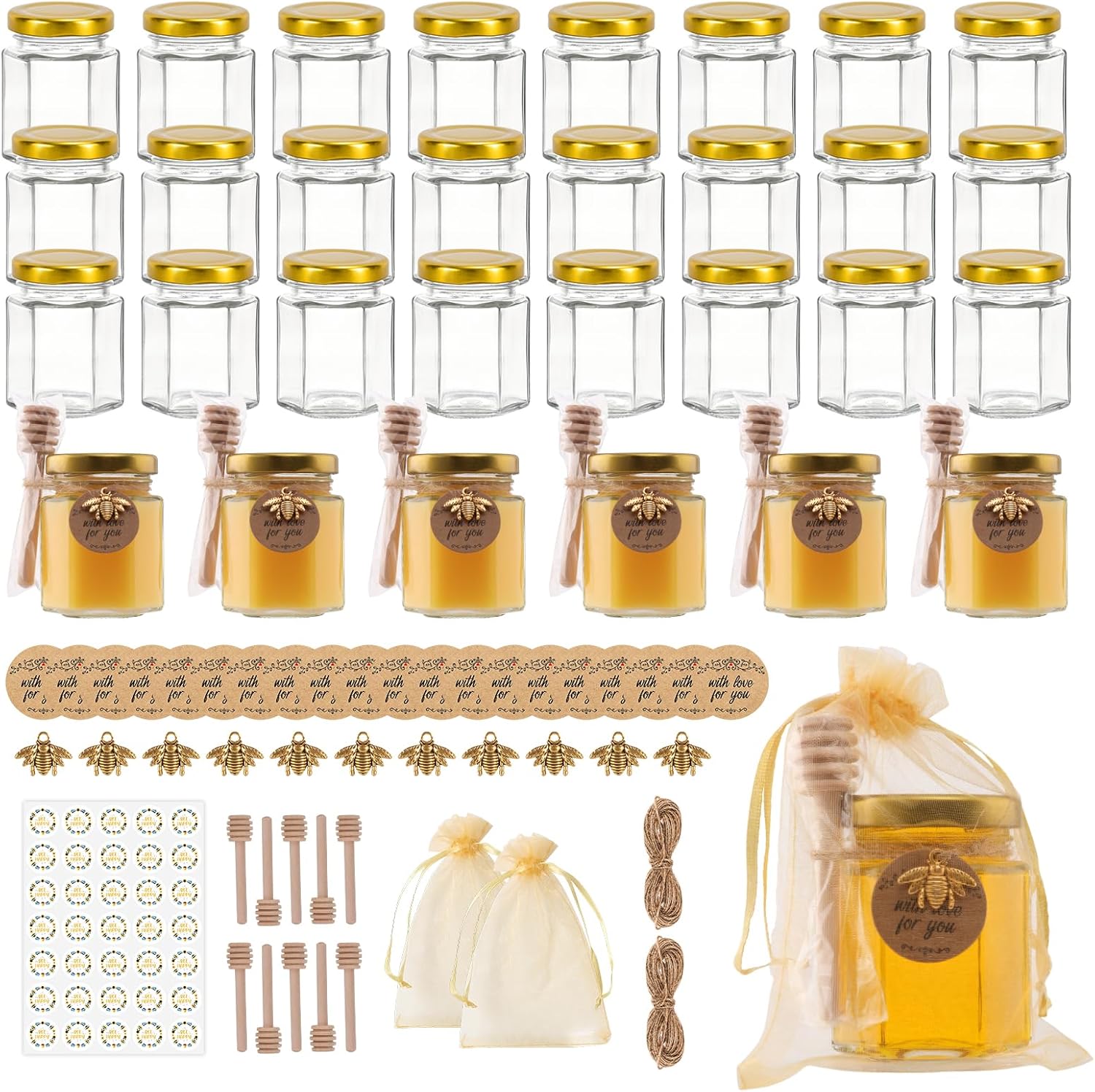 30 Pack 3 oz Mini Honey Jars with Dipper and Labels