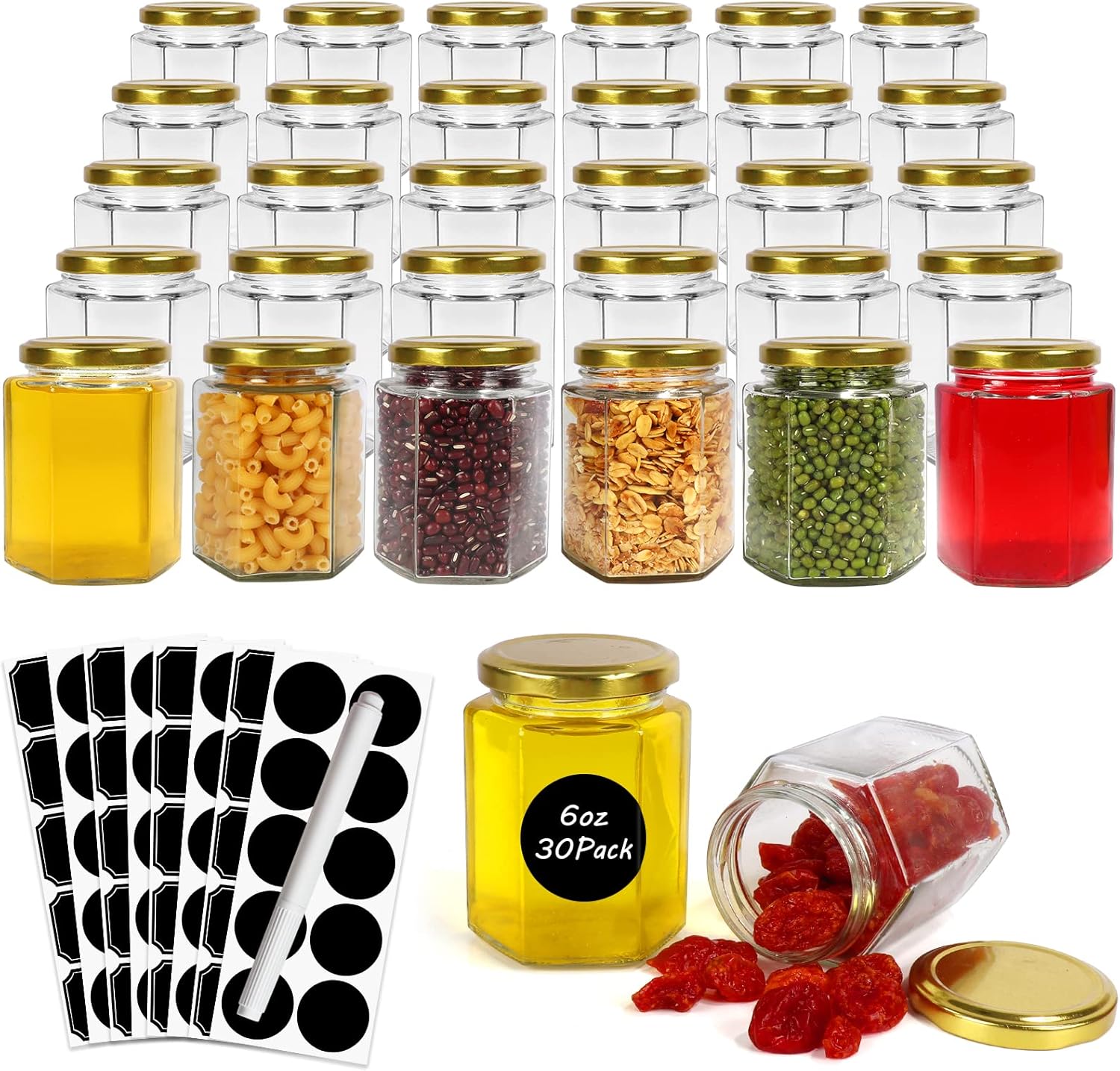 Betrome 30 Pack 6oz Hexagon Glass Jars with Gold Lids