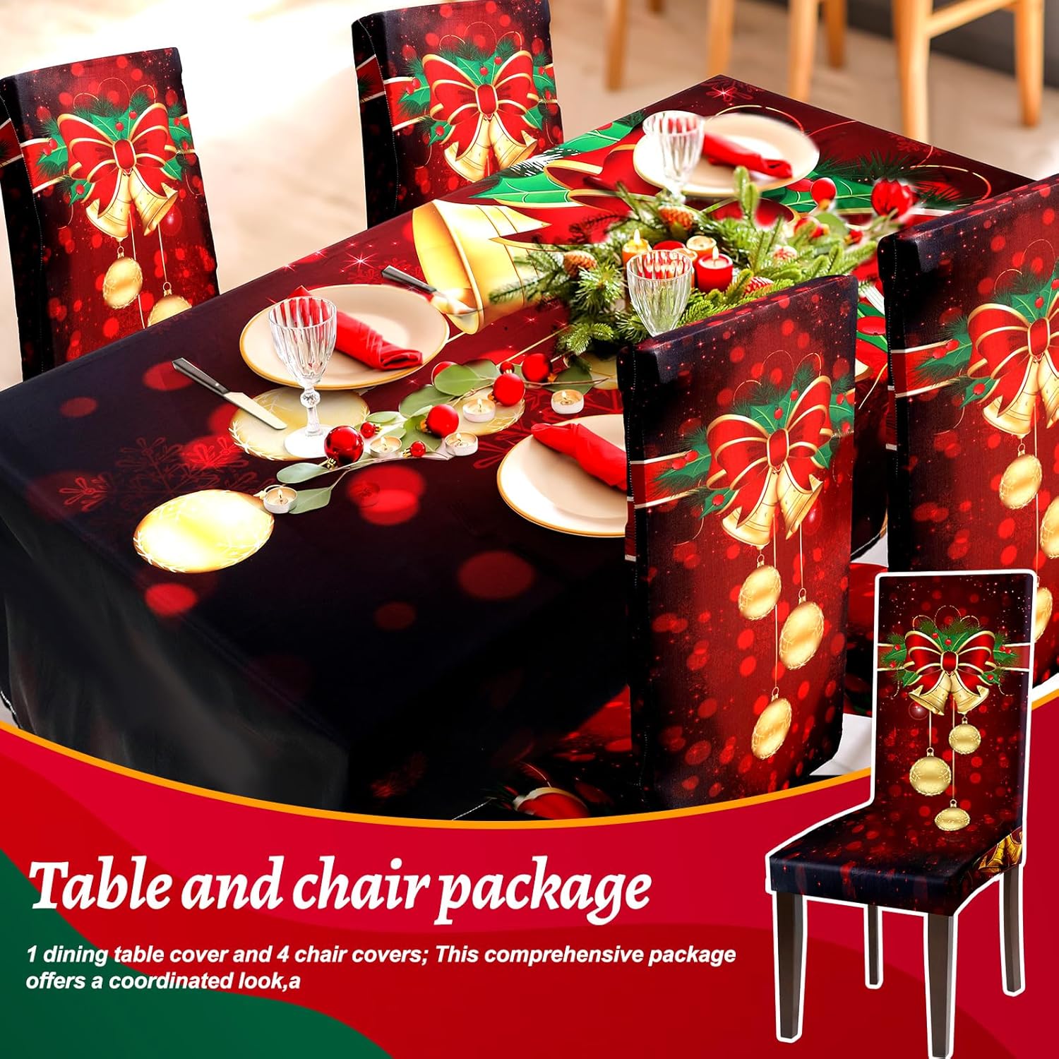 Moukeren 5pcs Christmas Tablecloth and Chair Covers Set