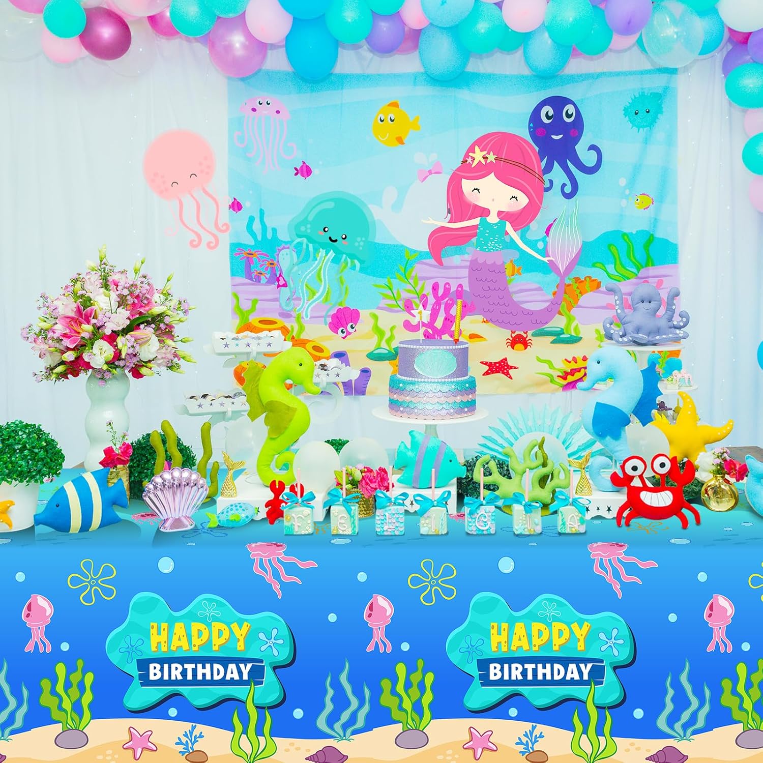 3 Pcs Blue Ocean Birthday Tablecloth Decorations for Rectangle Tables