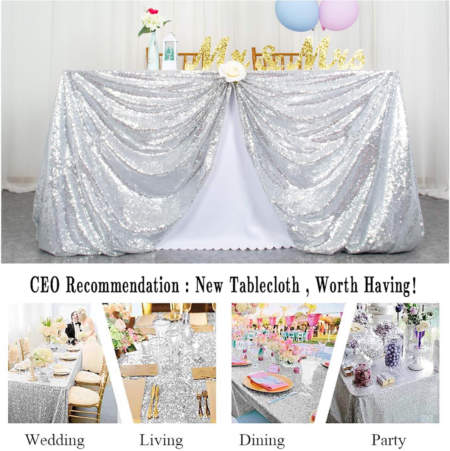 ShinyBeauty Silver Sequin Tablecloth 72x72 Inch Square