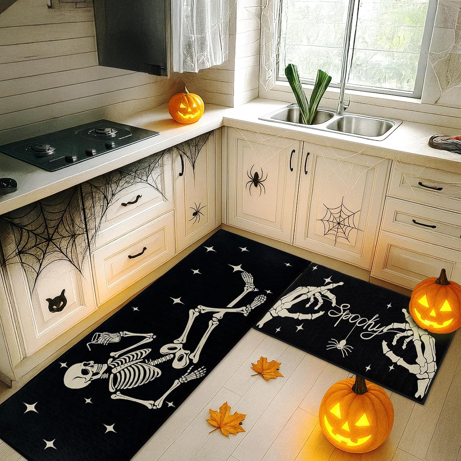 ArtSocket Halloween Skeleton Kitchen Rugs Set of 2 Non-Skid Washable