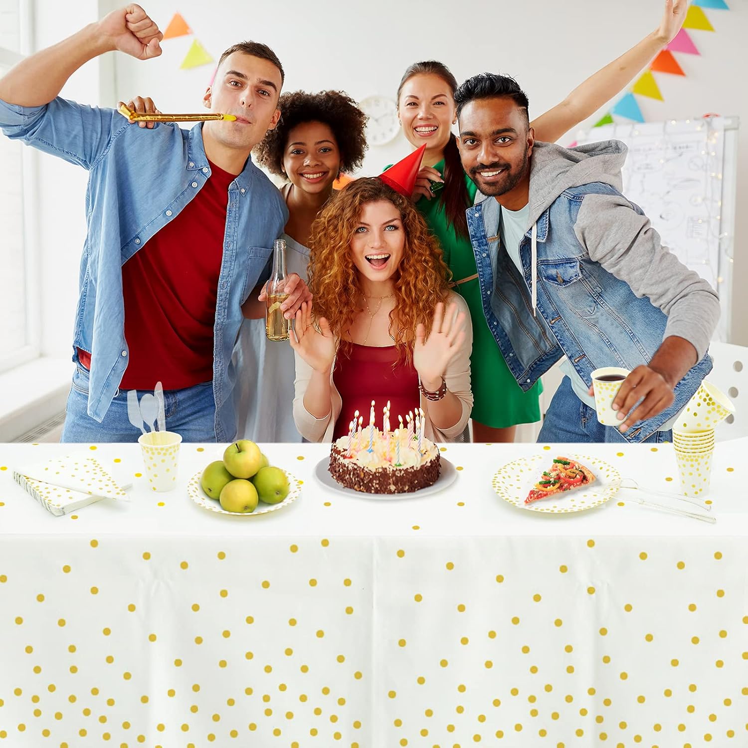 4 Pack Plastic Tablecloths with Gold Dot Design