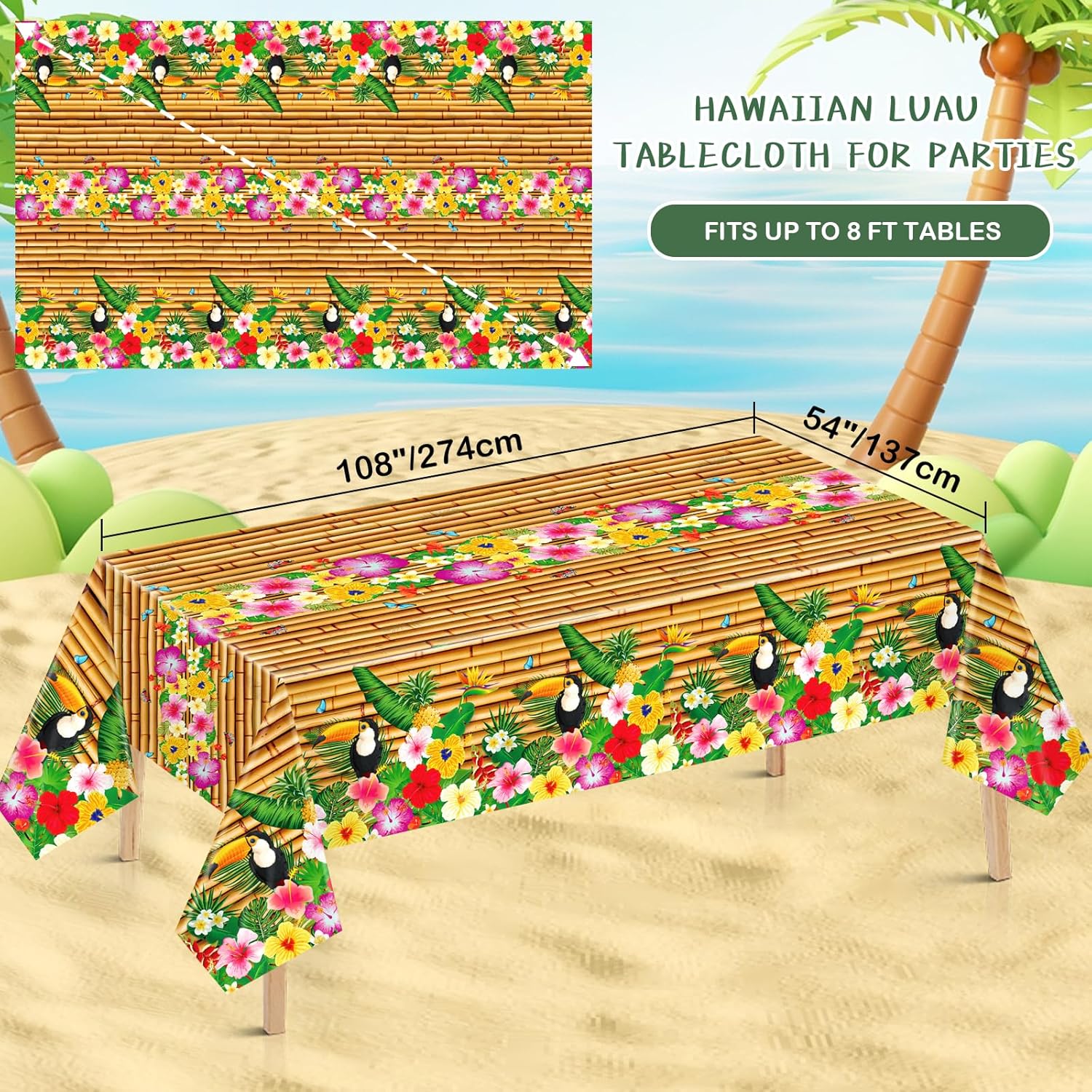 4 Pack Hawaiian Luau Tablecloths 54 x 108 Inches