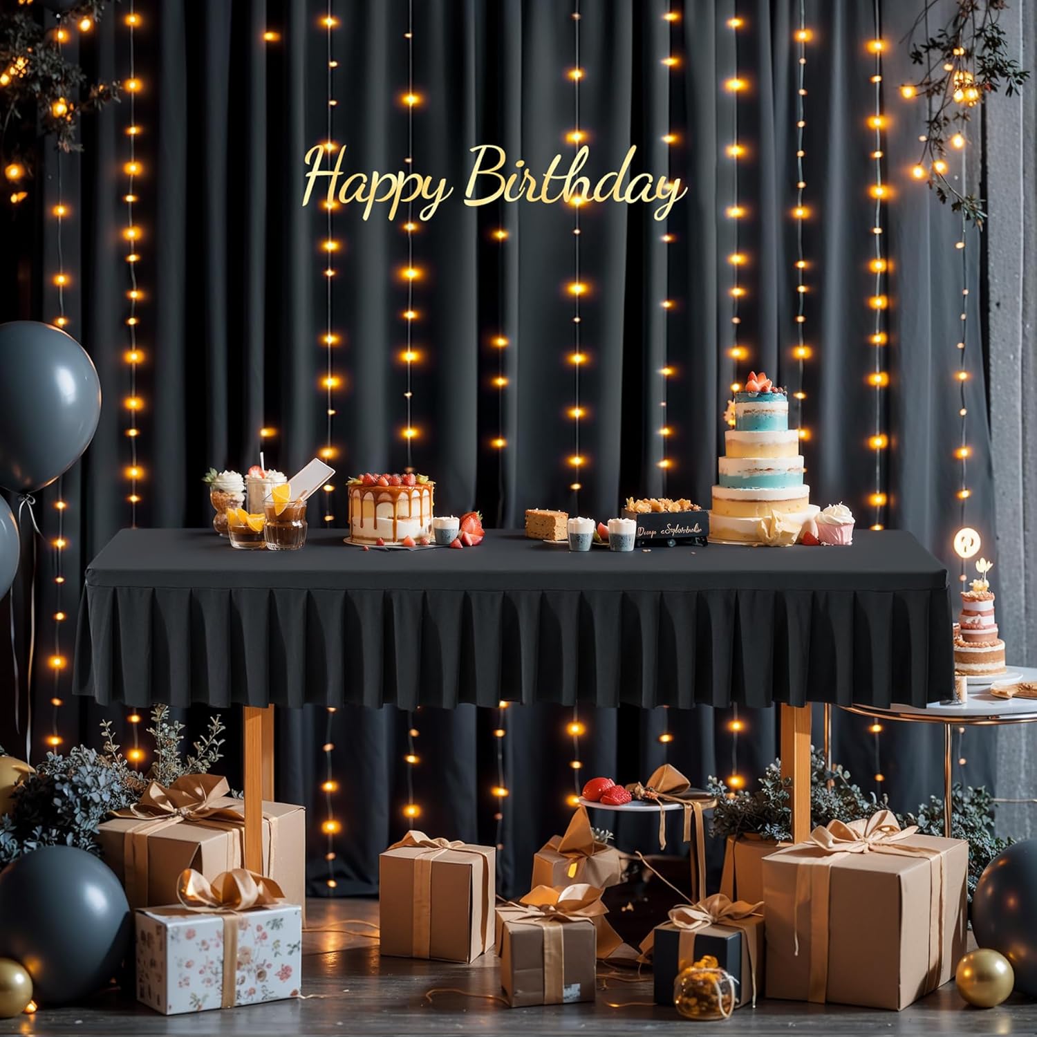 1 Pack Black Spandex Tablecloth for 6 Foot Rectangle Table with Pleated Skirt