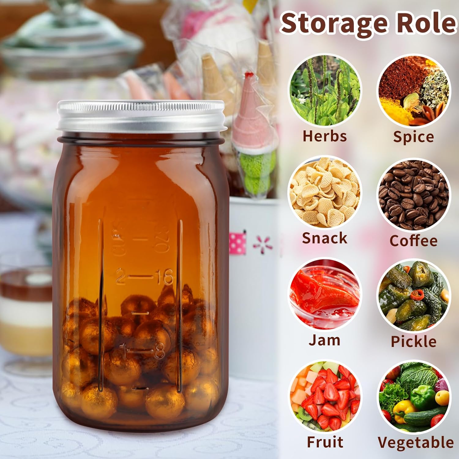 CARBLIN 4 Pack 32 Oz Amber Canning Jars with Airtight Lids