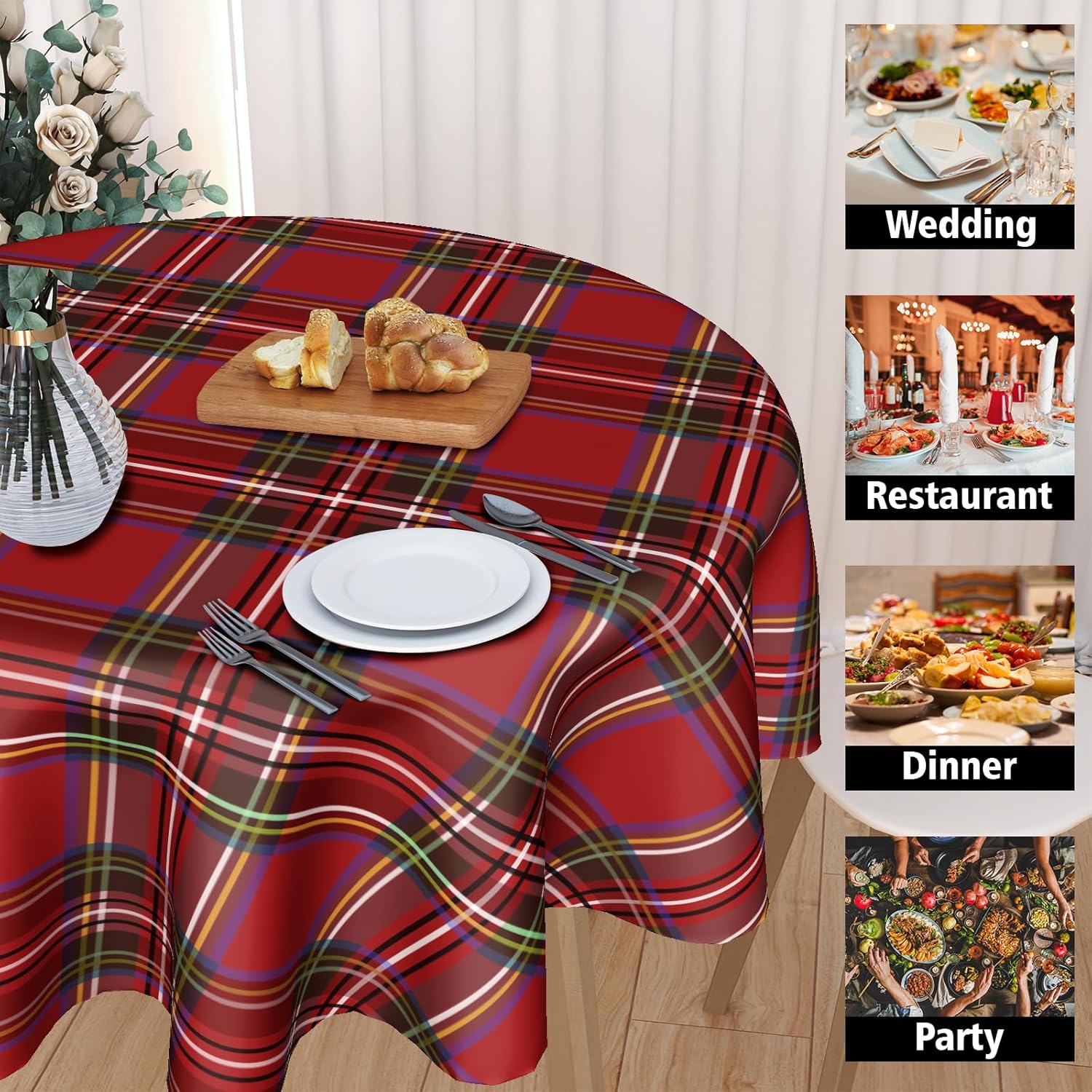60 Inch Red Christmas Round Tablecloth with Buffalo Plaid Design