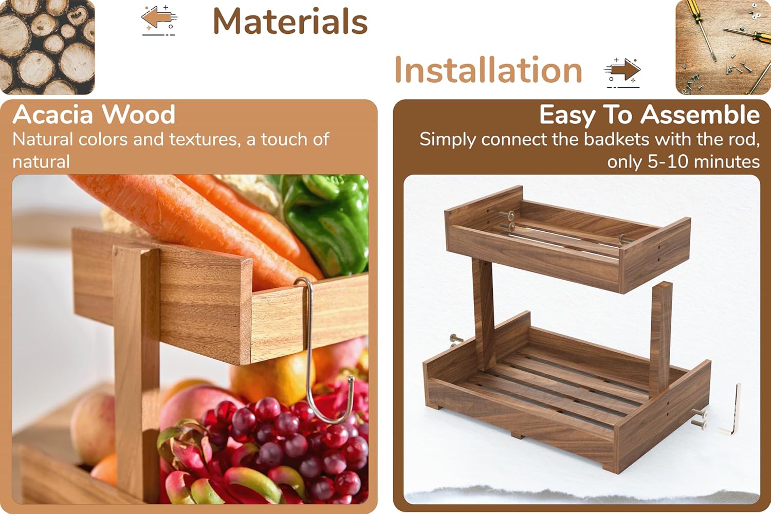 2-Tier Acacia Wood Fruit Basket Large Capacity Bowl Organizer