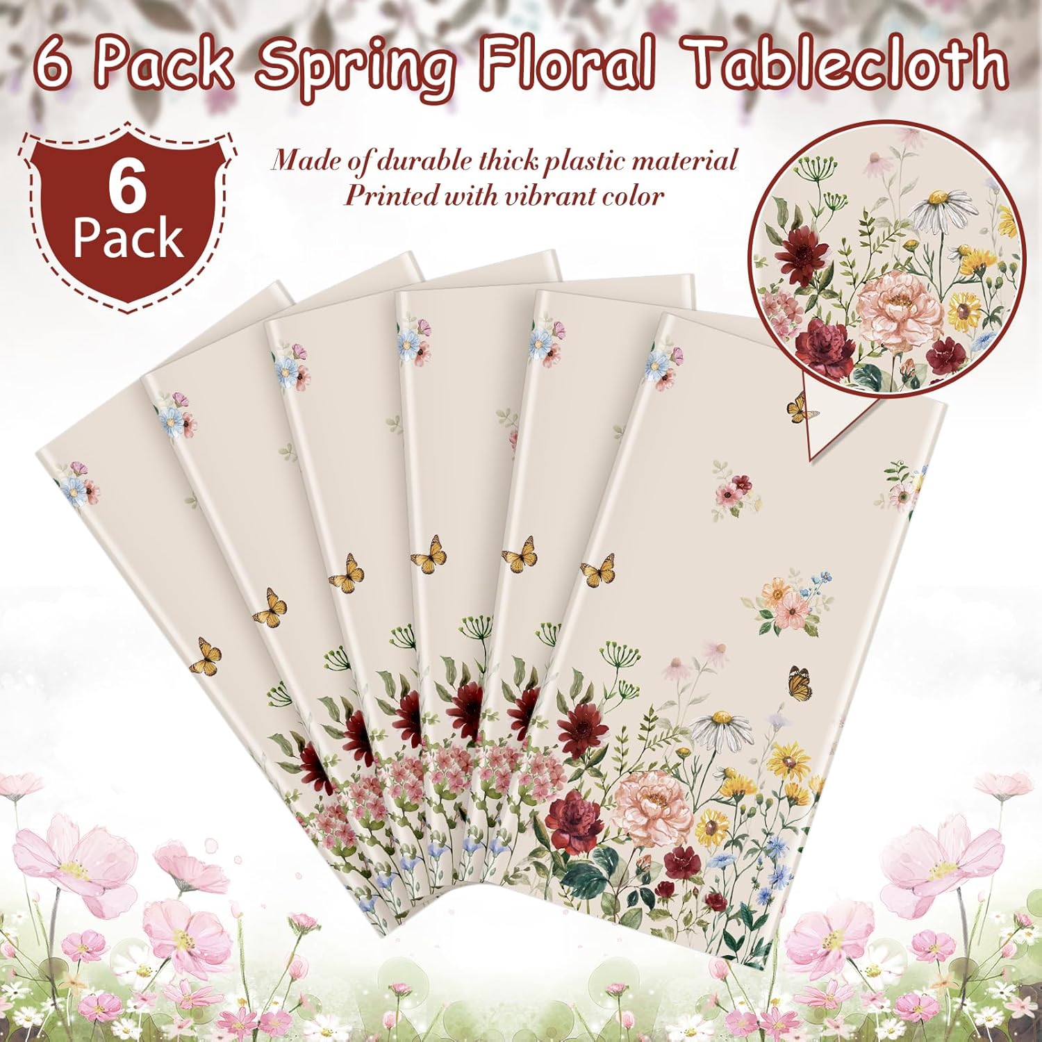 6 Pcs Spring Floral Tablecloth Butterfly Wildflower Plastic Disposable Tablecloths for Easter Birthday Wedding Parties