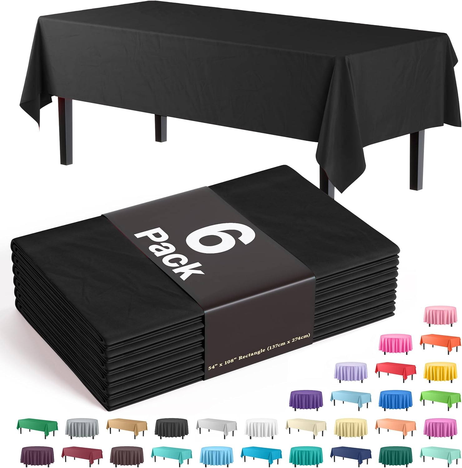 Party Solids 6-Pack Black Plastic Tablecloth 54in x 108in Rectangle