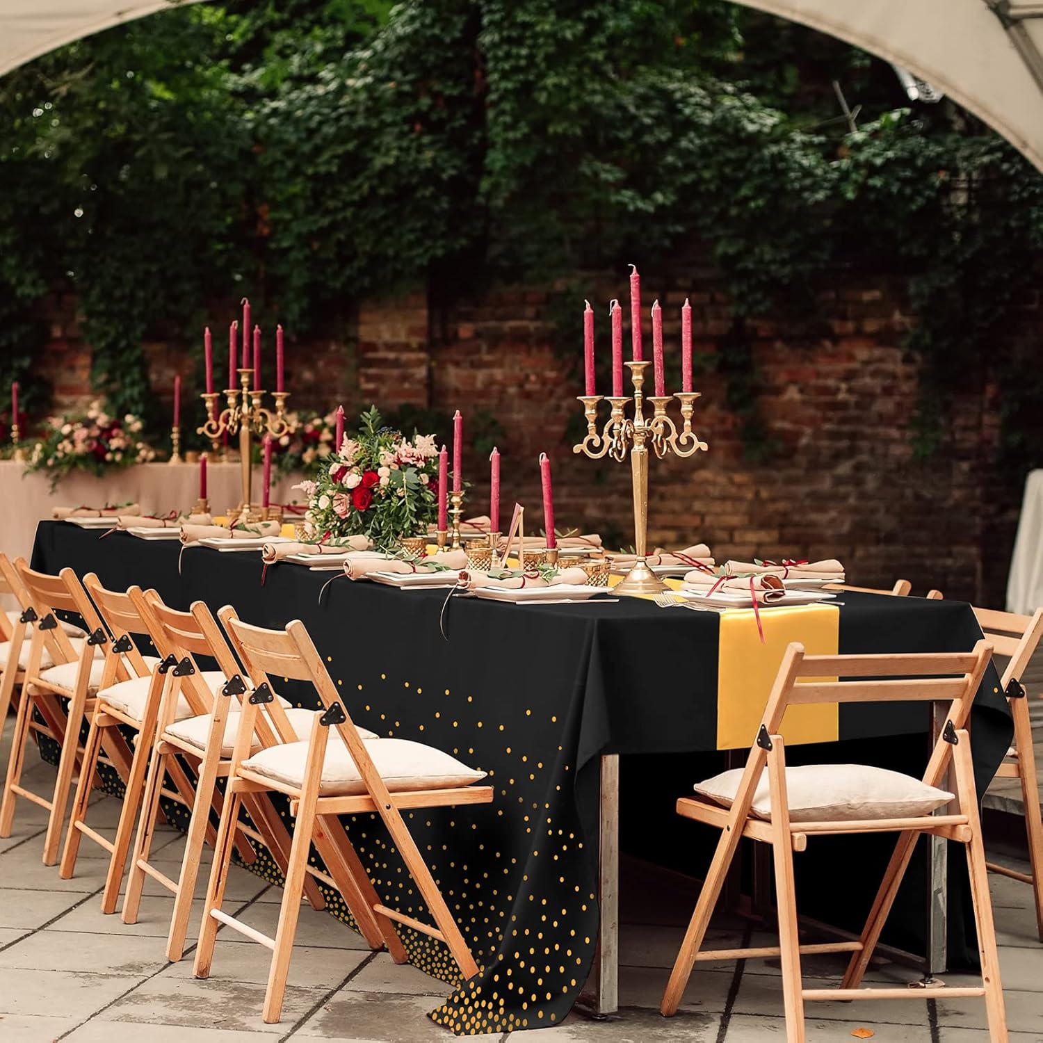 24Pack Black Gold Dot Tablecloths and Satin Table Runner Set