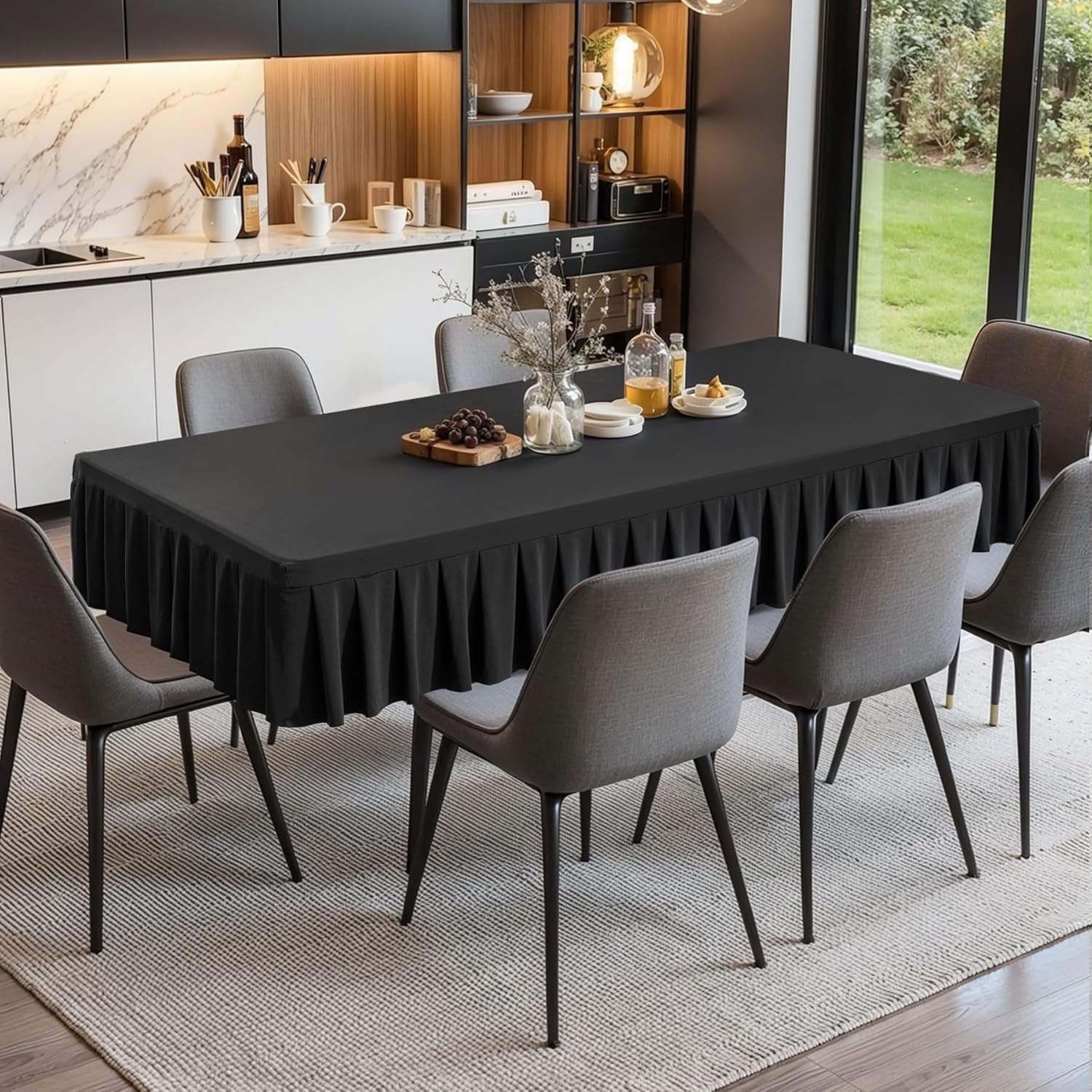 1 Pack Black Spandex Tablecloth for 6 Foot Rectangle Table with Pleated Skirt