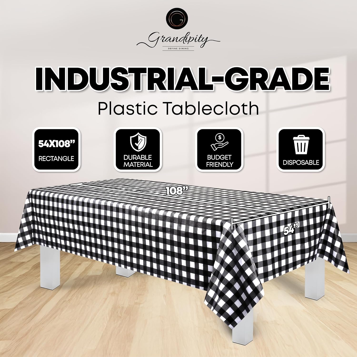 Grandipity Black Gingham Checkered Tablecloth 6 Pk 54in x 108in