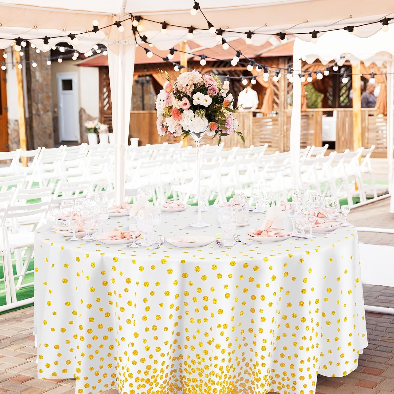 Newwiee 84 Inch Round Dot Tablecloth 3 Pcs White Gold Dots