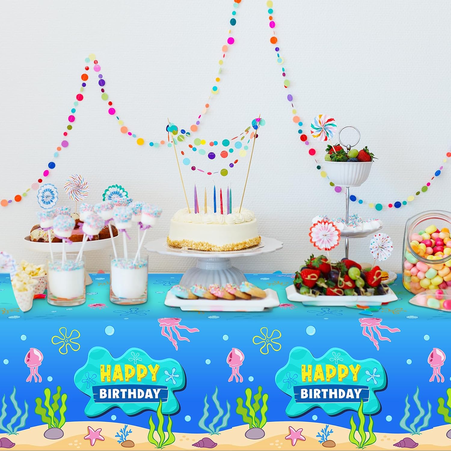 3 Pcs Blue Ocean Birthday Tablecloth Decorations for Rectangle Tables