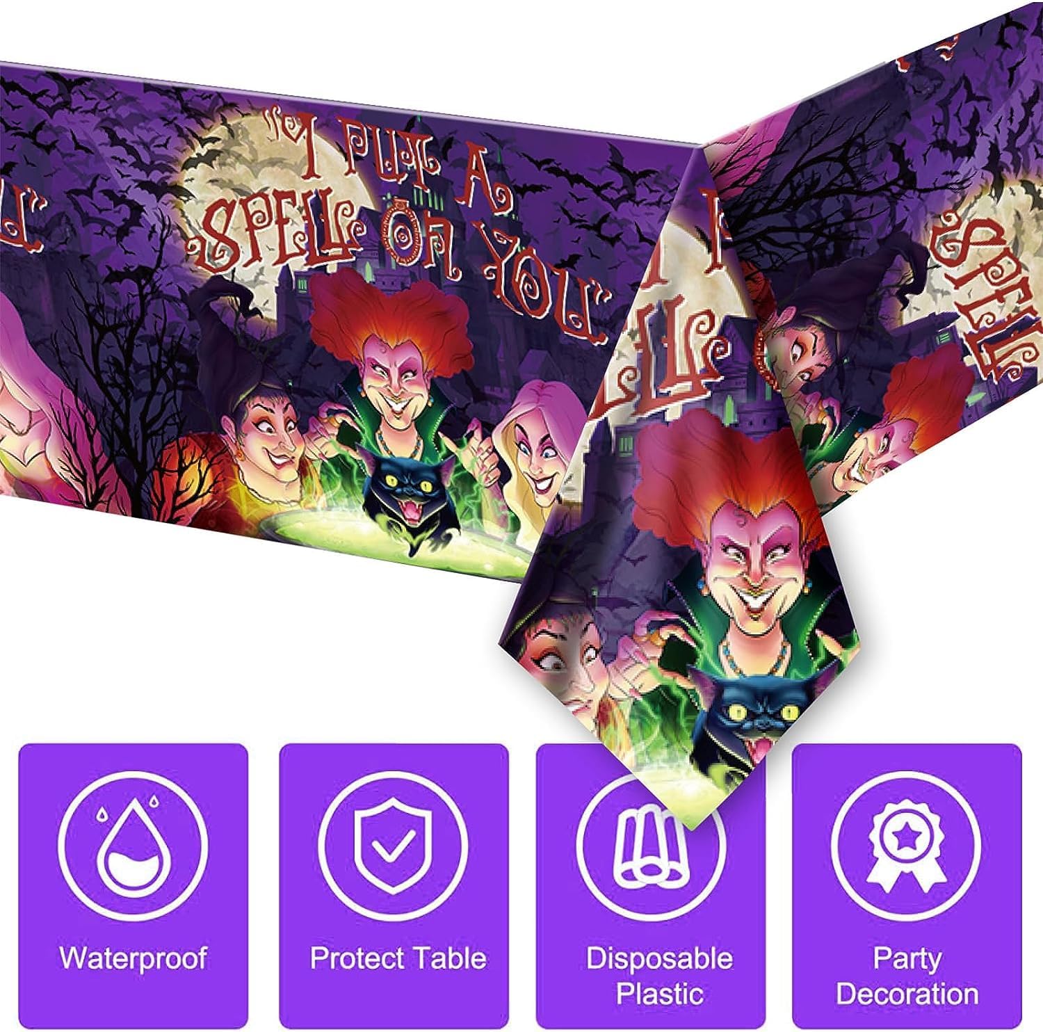 We1Fit 2 Pack Hocus Pocus Halloween Tablecloths 43x71 Inch