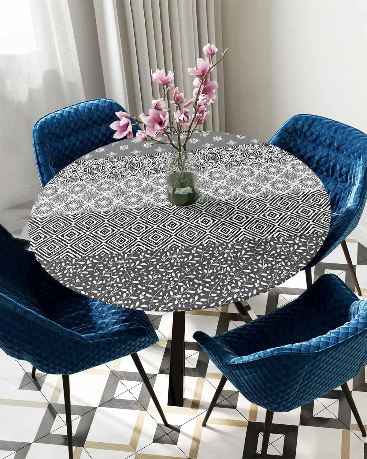 Boho Gray Round Waterproof Table Cover Fitted Tablecloth